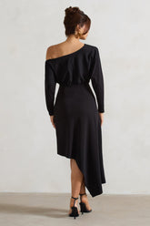 Black Asymmetric Long-Sleeve Maxi Dress